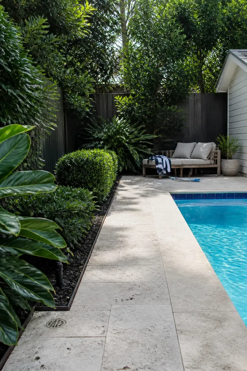 Dark green foliage contrasting with a pale pool deck