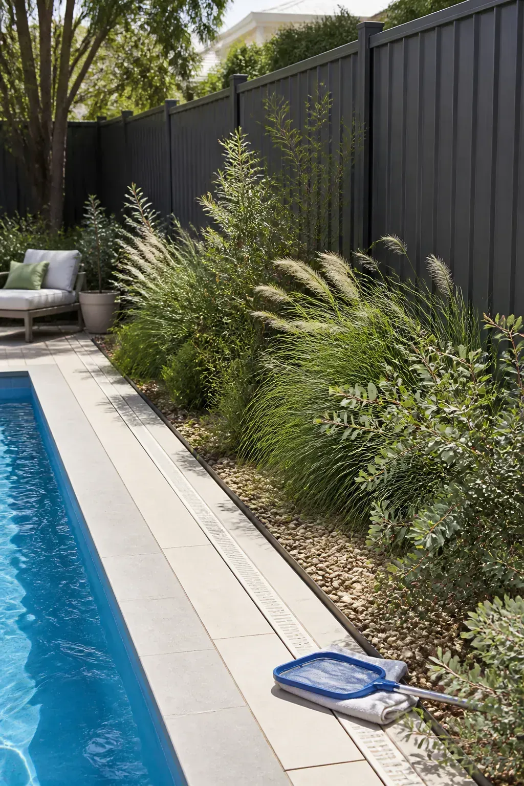Airy grasses and shrubs softening a solid pool fence