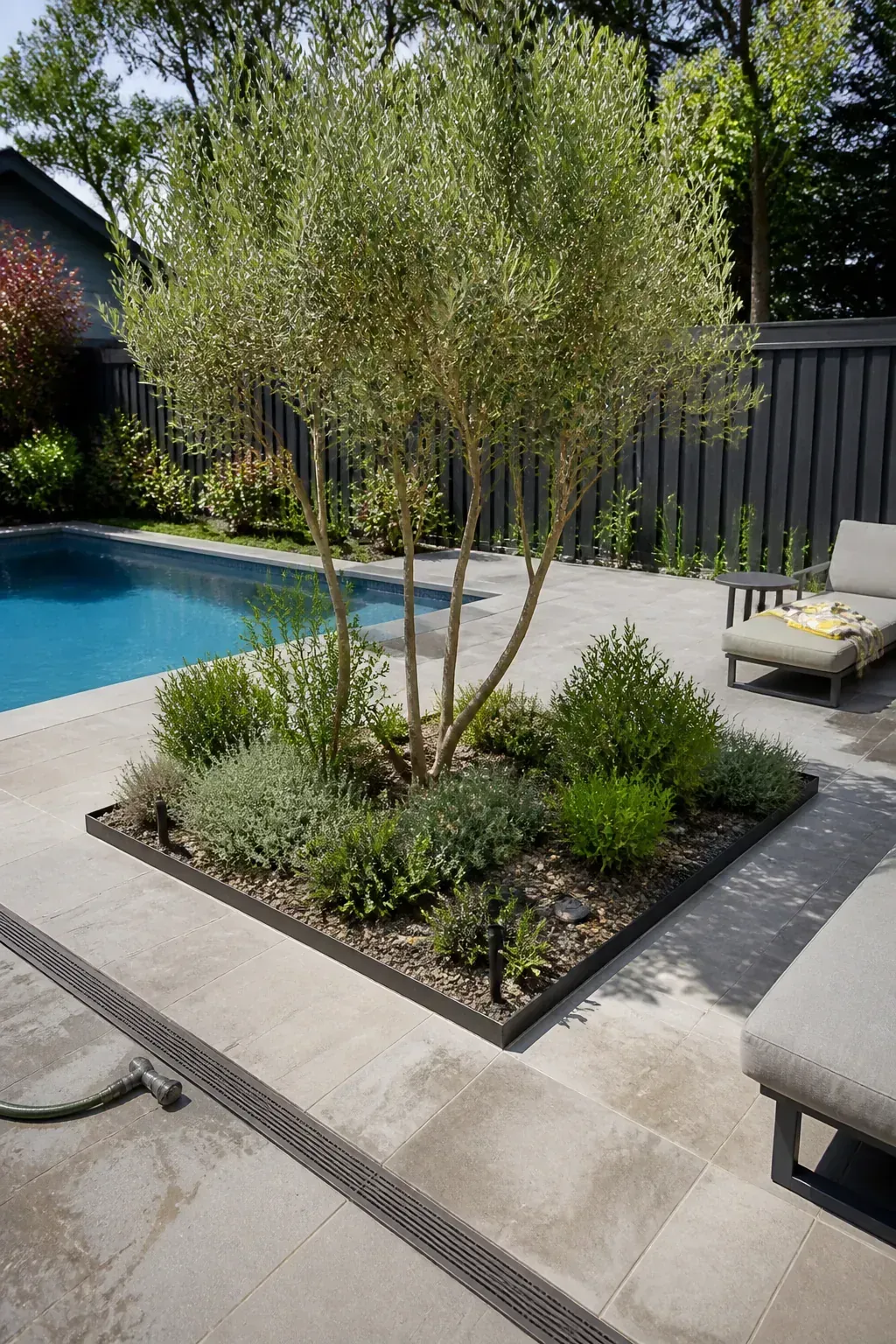 Central planting island breaking up a large pool patio