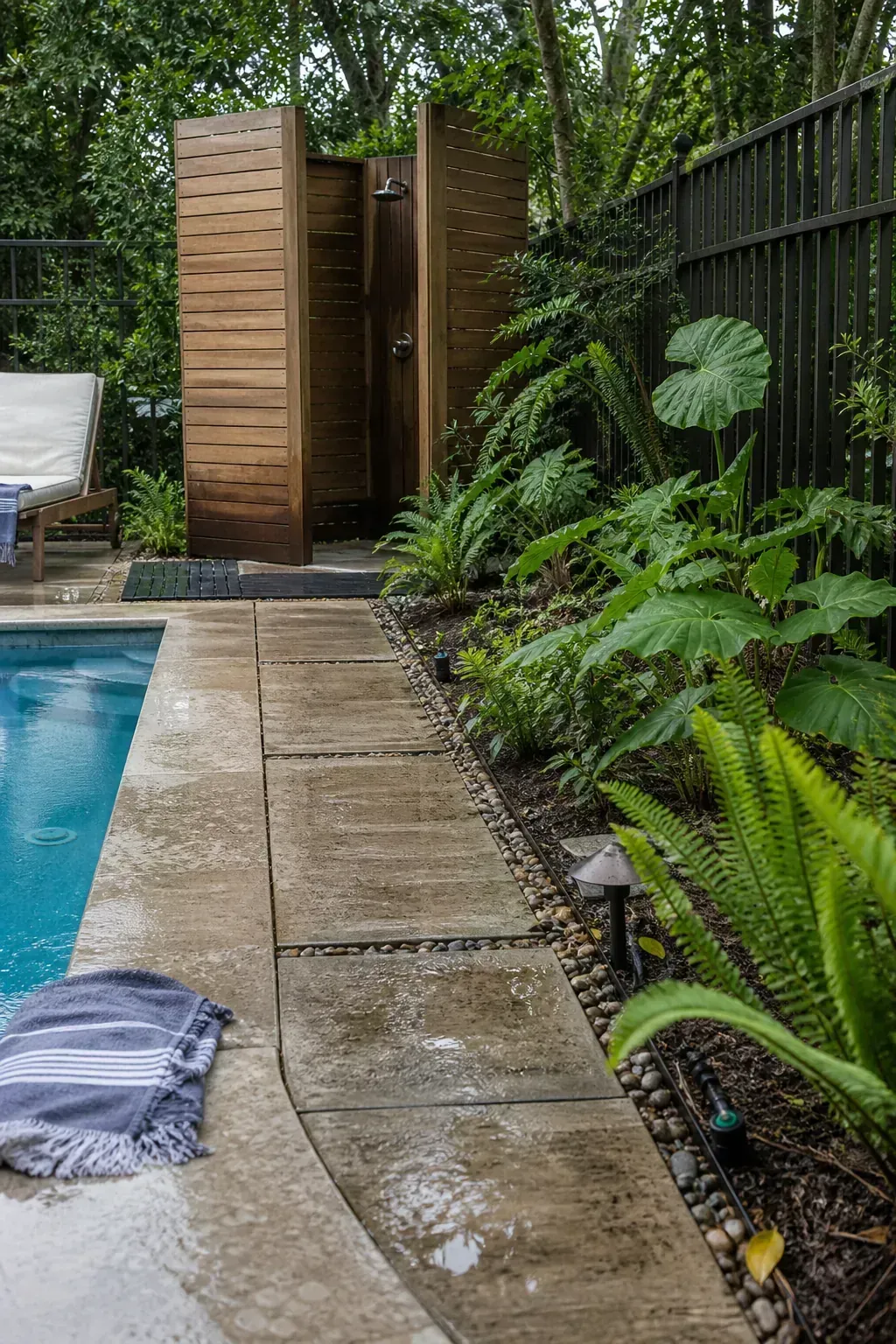 Moisture-tolerant planting surrounding an outdoor pool shower