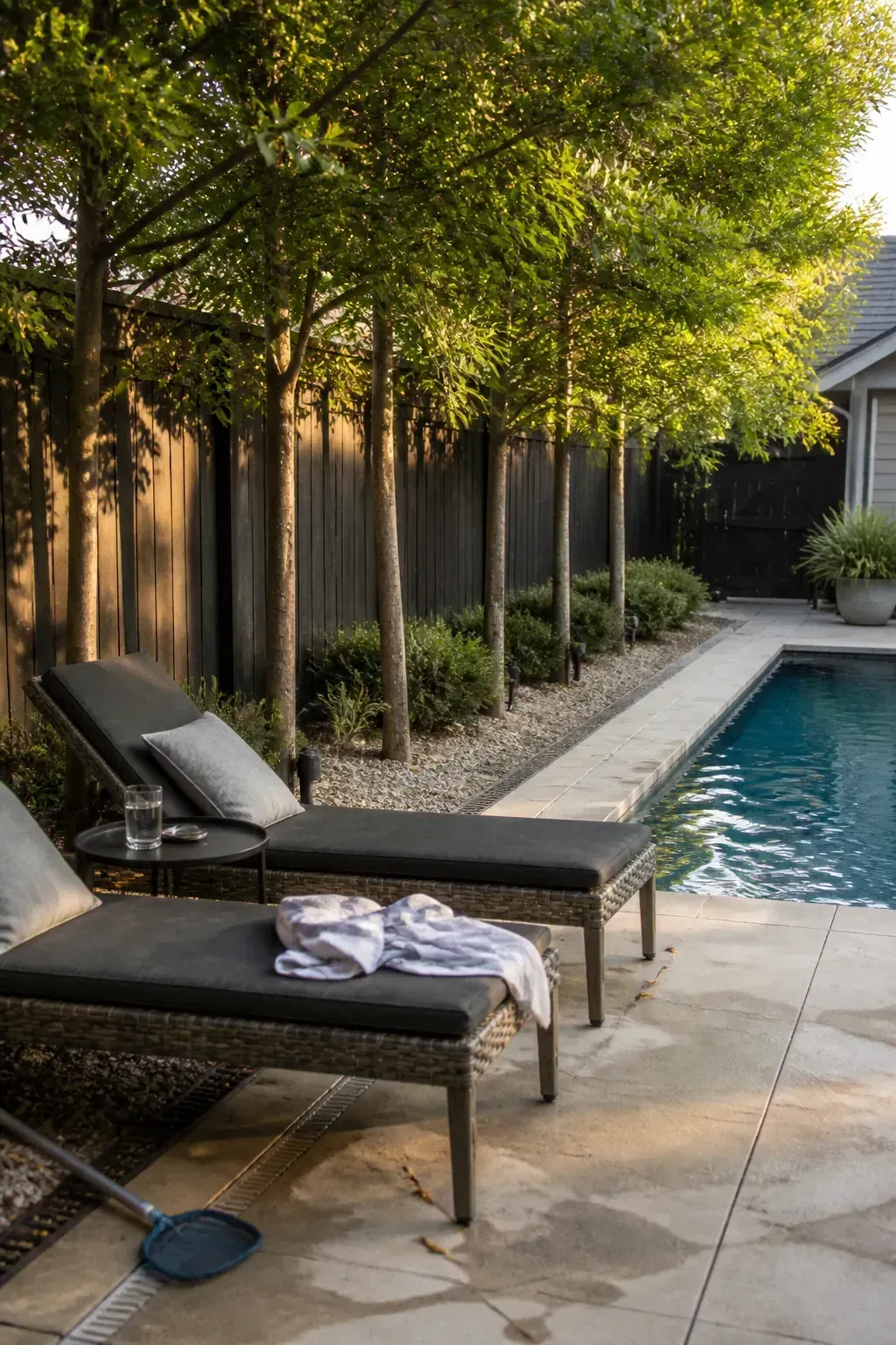 Small trees creating filtered shade beyond pool loungers