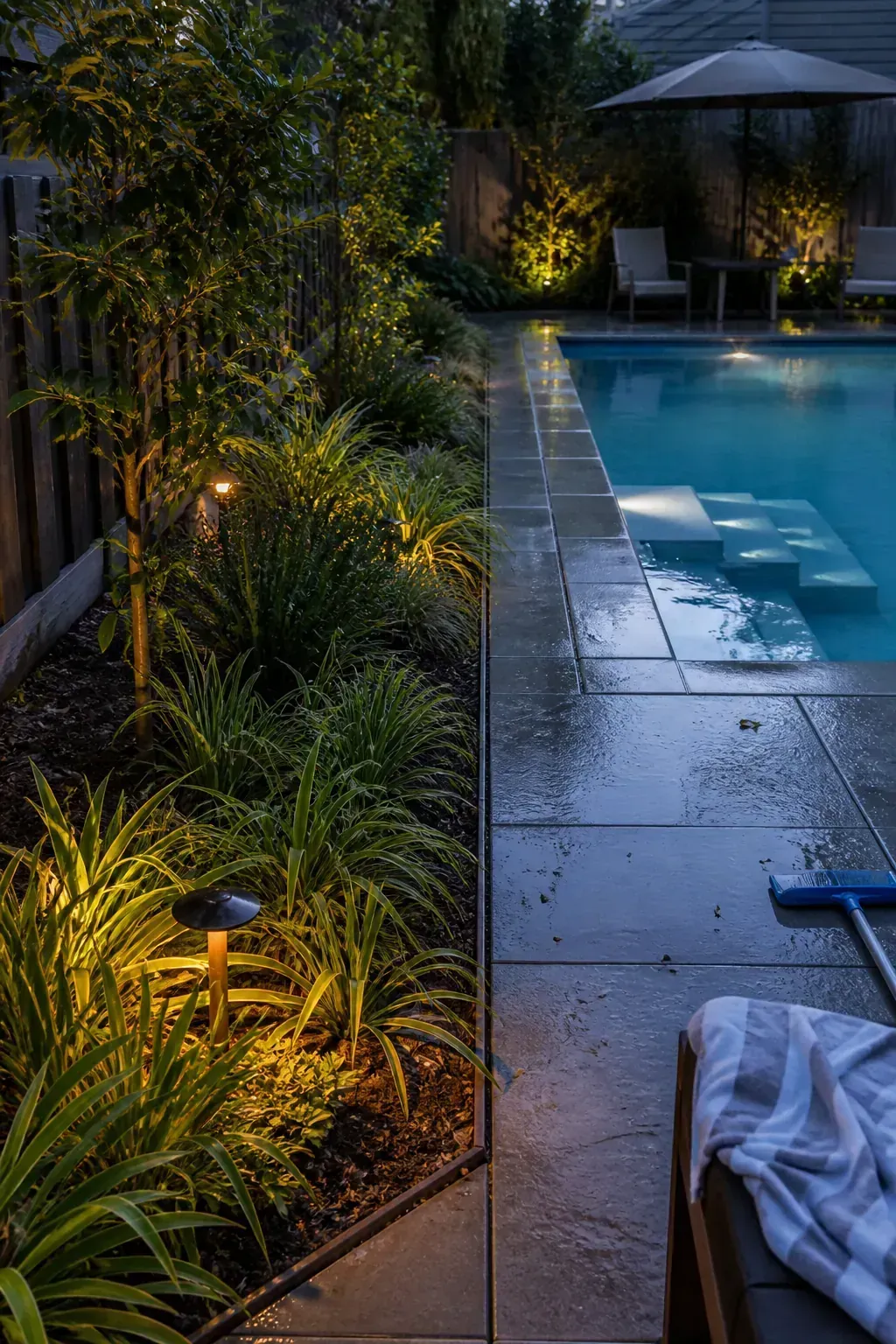 Low shielded lighting placed within pool garden beds