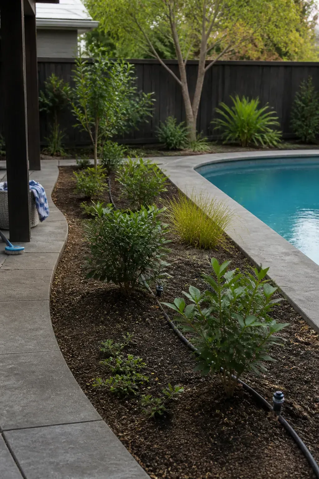 Young pool landscape with generous spacing for mature plant growth