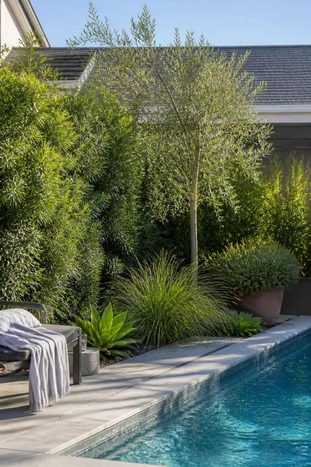 Layered poolside plants creating privacy and style around a backyard pool