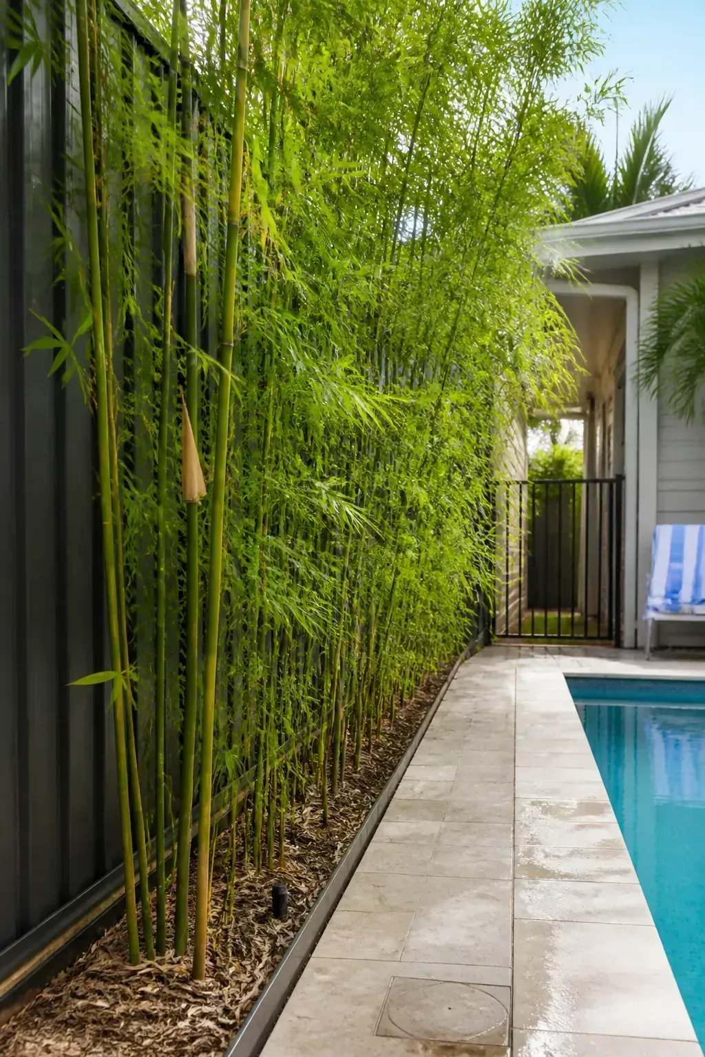Contained clumping bamboo forming a tall narrow pool privacy screen