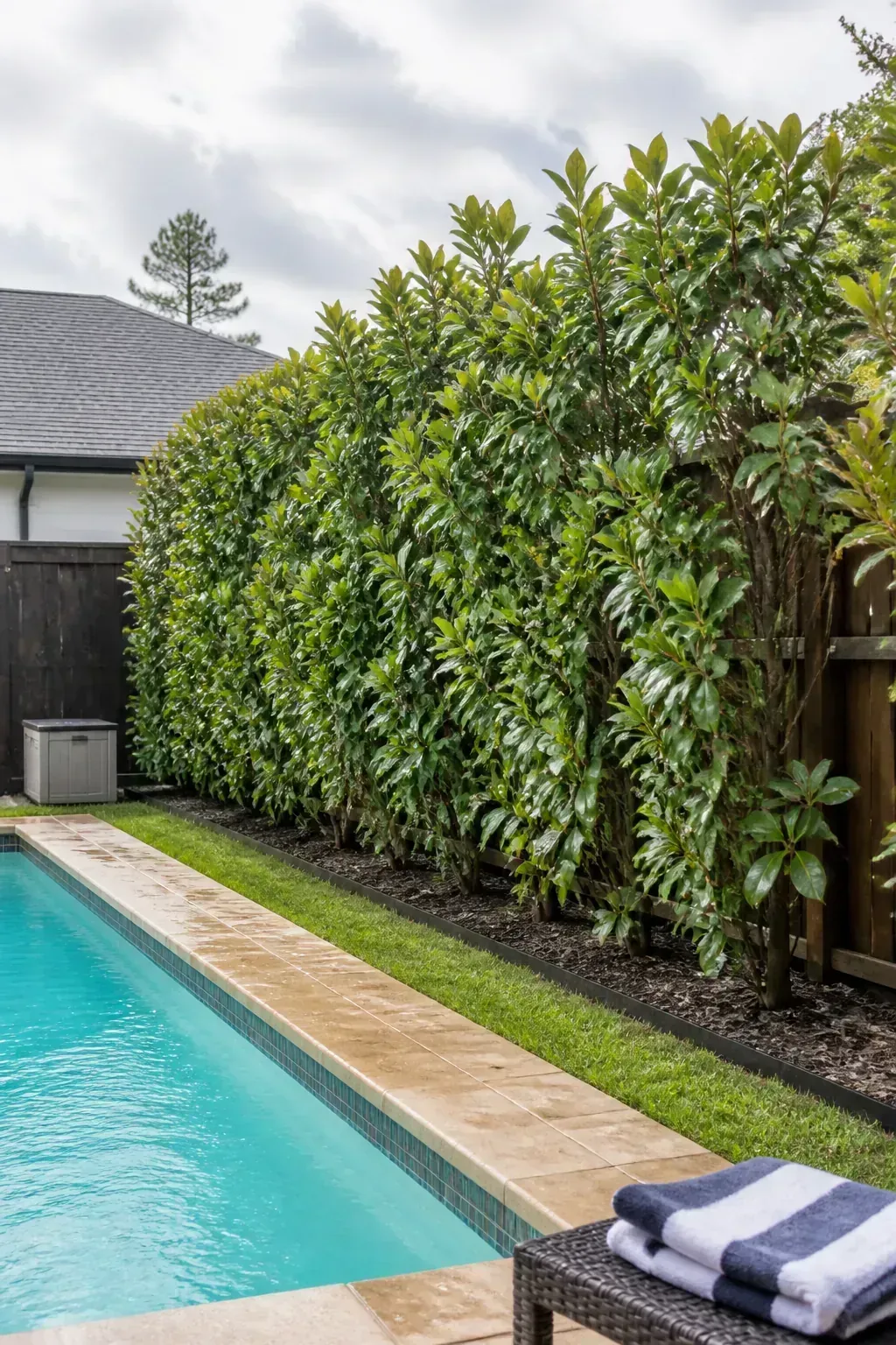 Dense sweet viburnum hedge screening a warm-climate pool