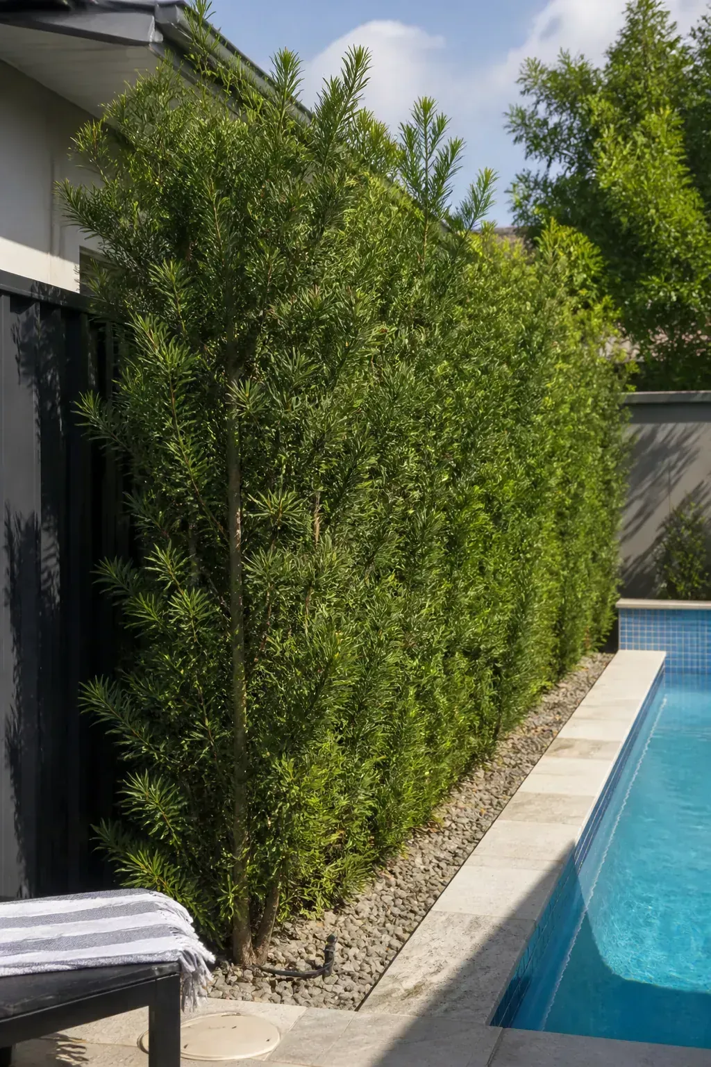Upright podocarpus screen providing year-round pool privacy