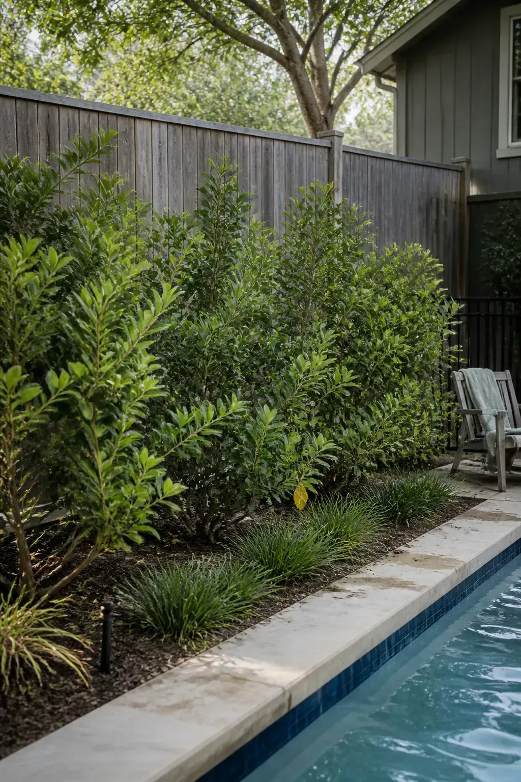 Pittosporum shrubs forming a soft green boundary around a pool
