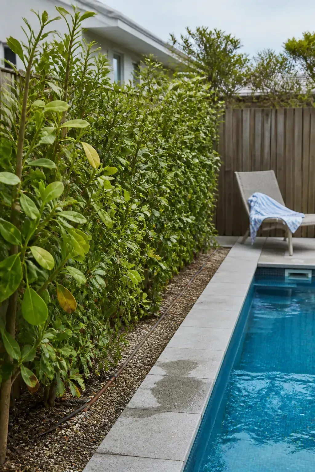 Griselinia hedge screening a pool in a mild coastal garden
