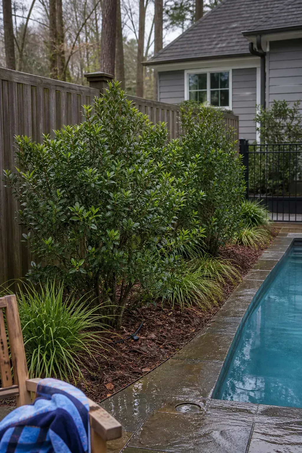 Inkberry holly providing evergreen structure in a cooler pool garden