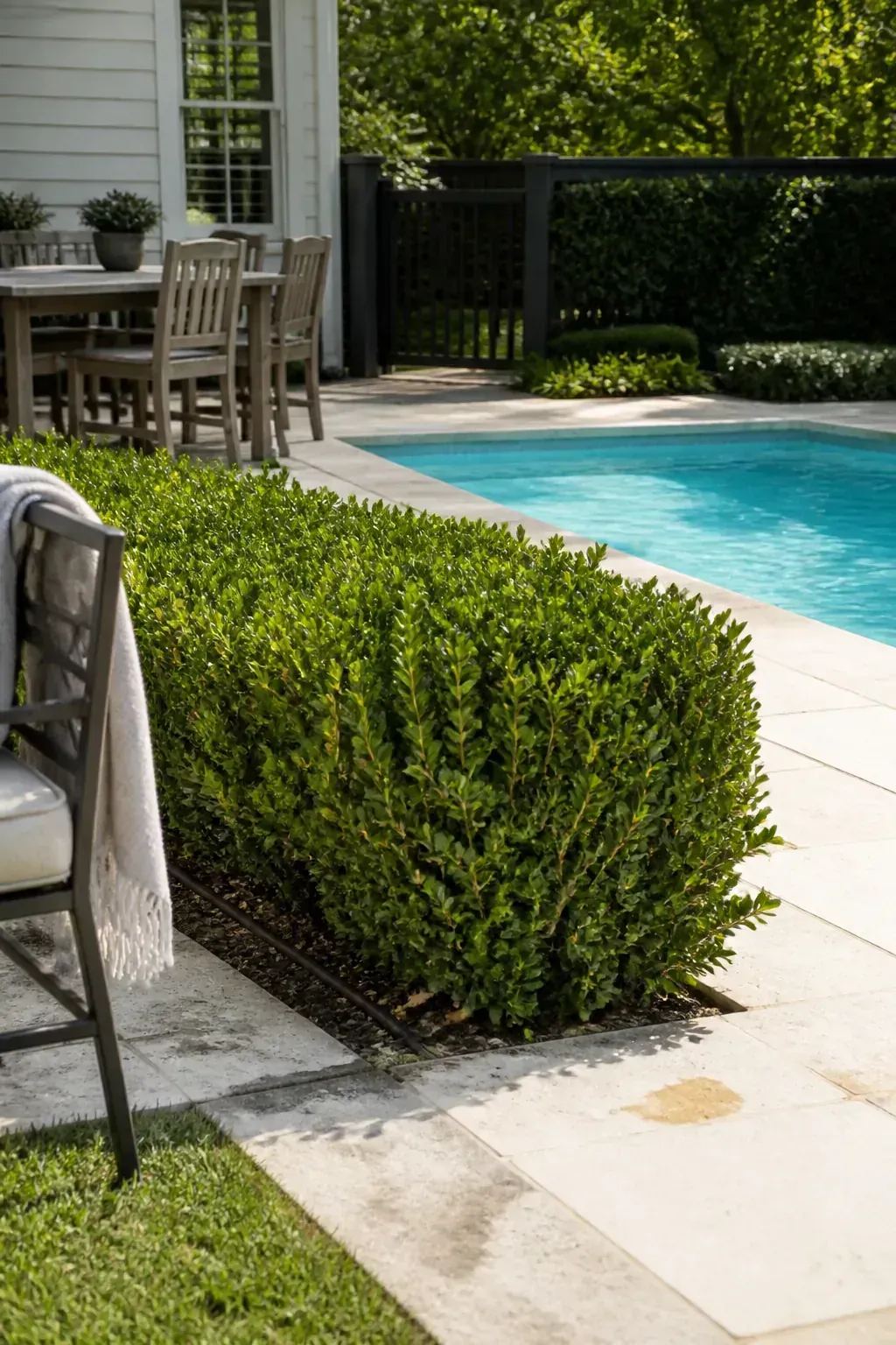 Loose clipped boxwood adding low structure around a pool terrace