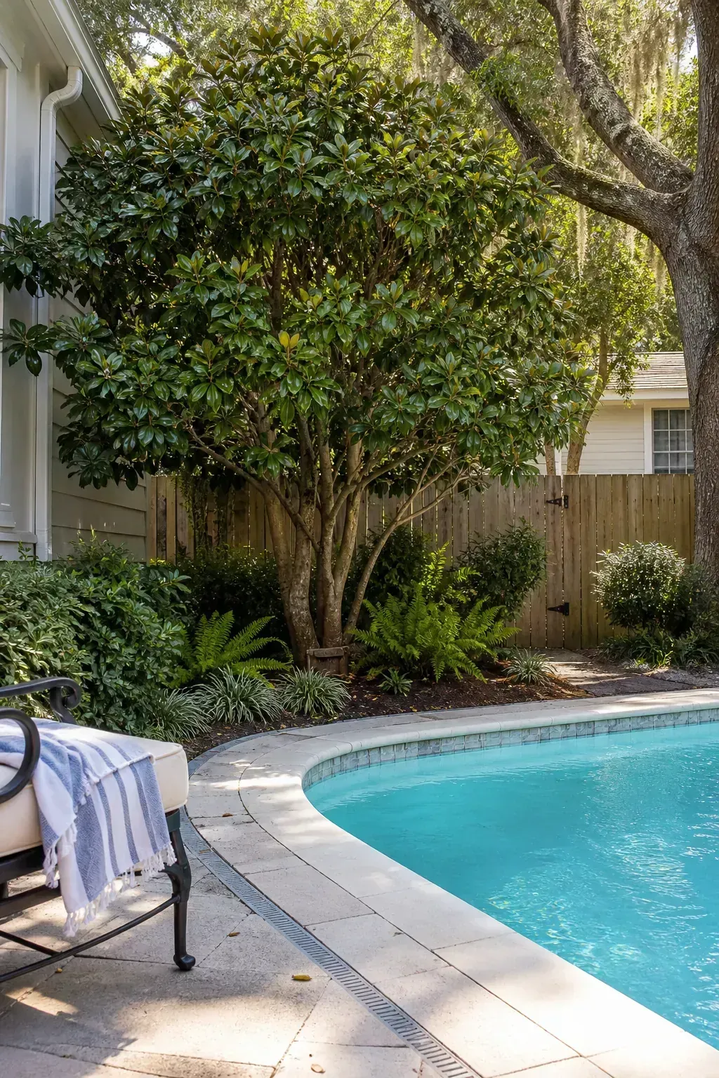 Compact evergreen magnolia providing poolside canopy and privacy