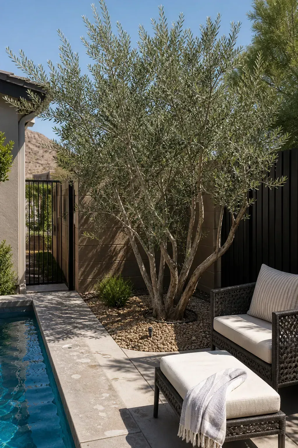 Multi-stem olive tree adding sculptural poolside shade