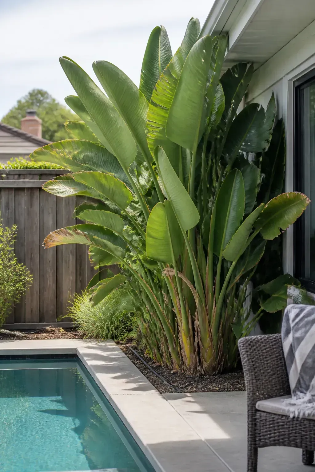 Bird of paradise foliage creating a bold warm-climate pool backdrop