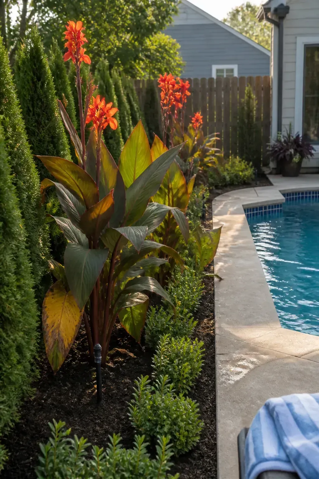 Canna foliage adding seasonal tropical color beyond a pool deck