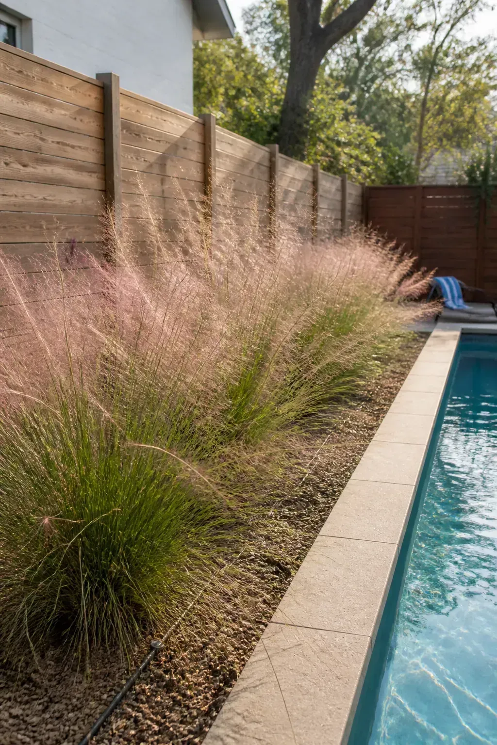 Muhly grass creating airy seasonal movement beside a pool