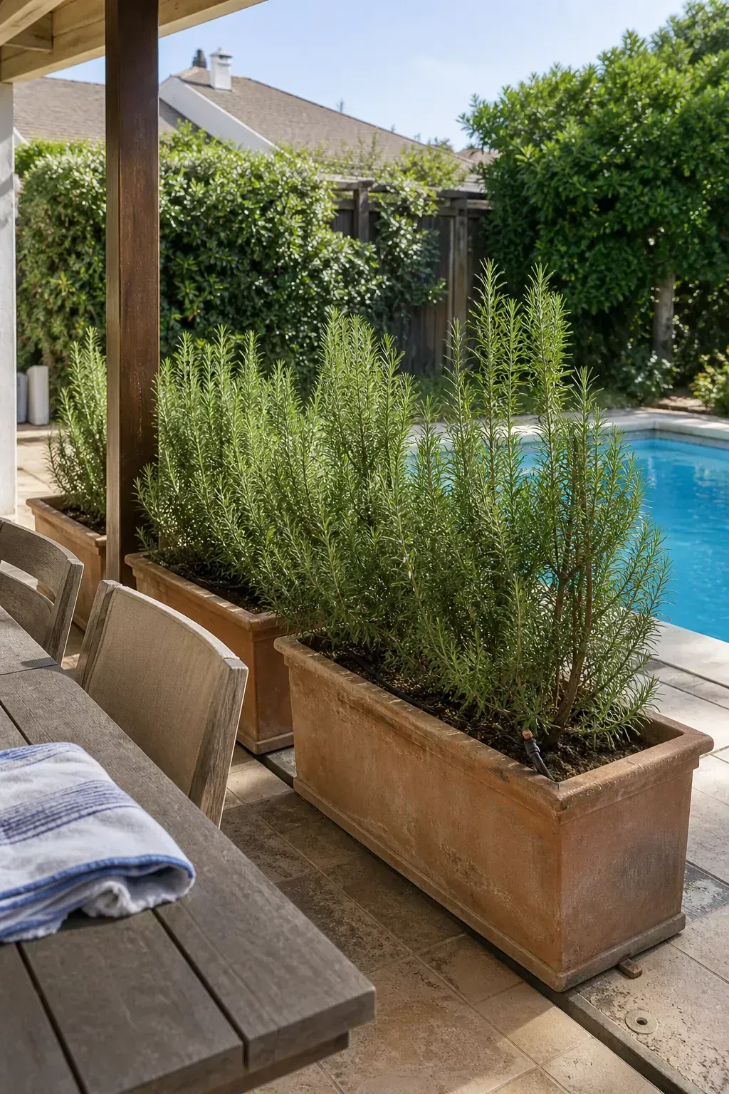 Rosemary shrubs in sunny planters near a pool dining area