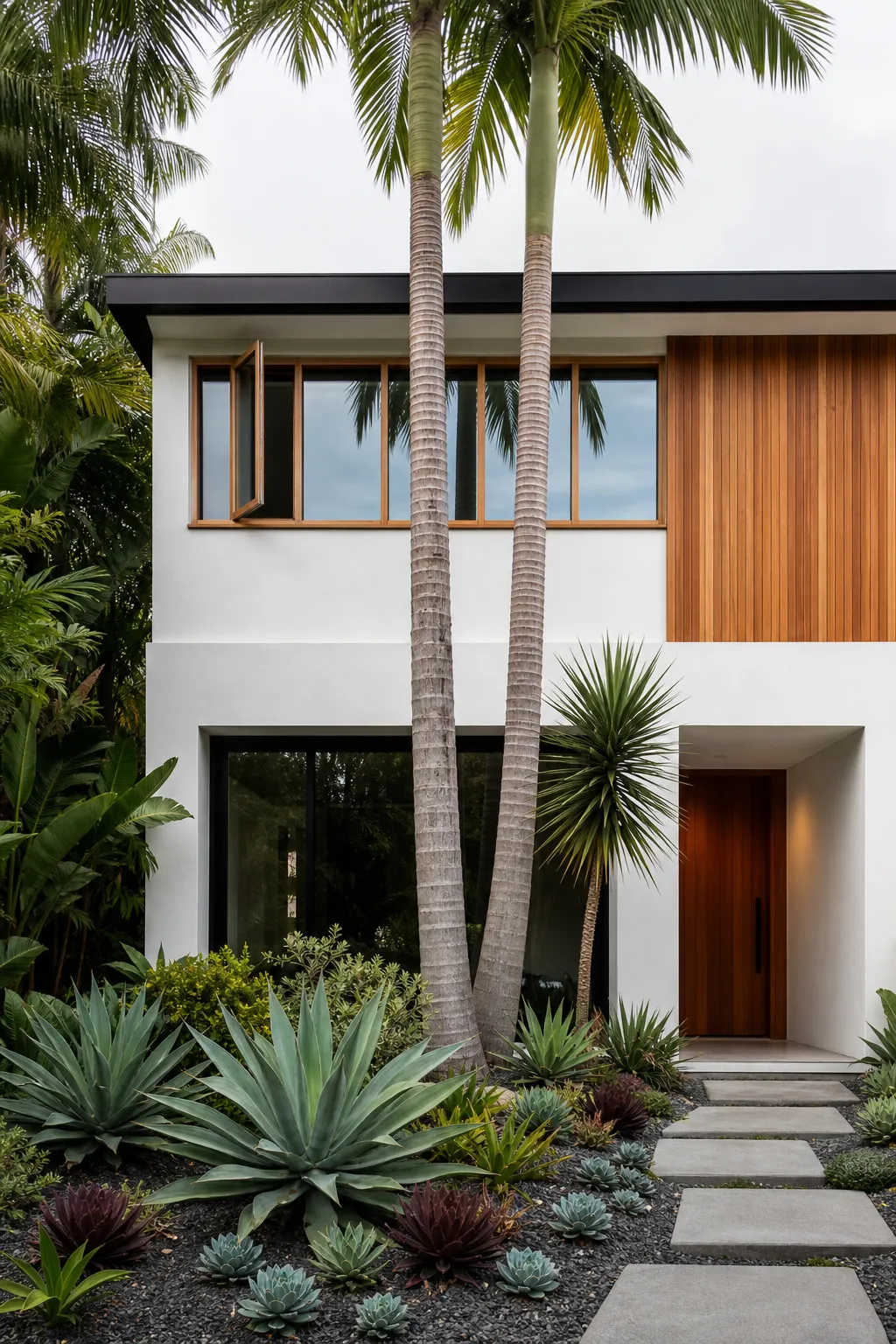 Modern home entrance landscaped with palms and sculptural succulents