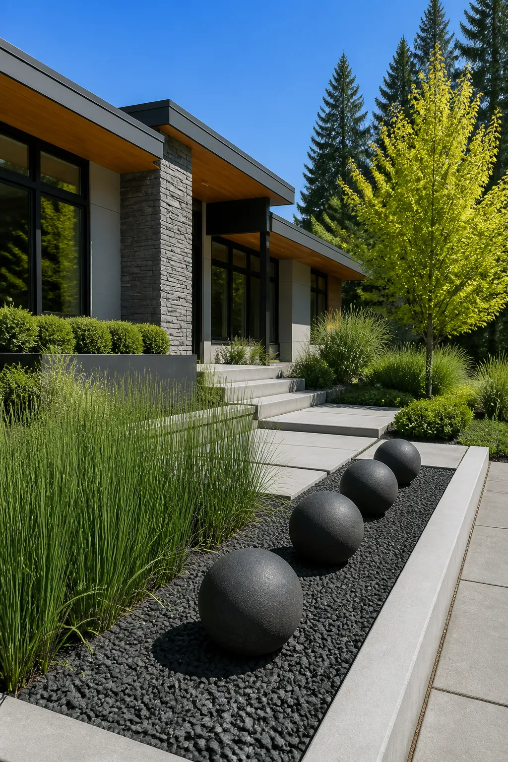 Minimalist front yard with black gravel and geometric garden spheres