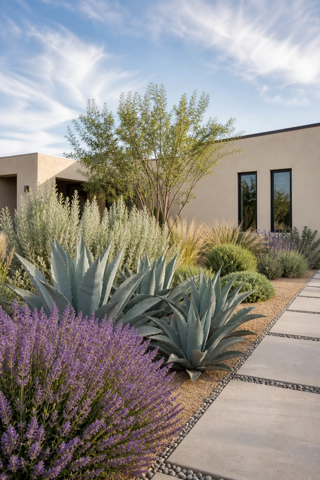 Sculptural agaves surrounded by lavender and colorful drought-tolerant plants