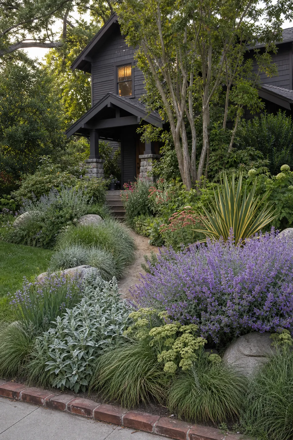 Modern home facade bordered by flowers and airy ornamental grasses