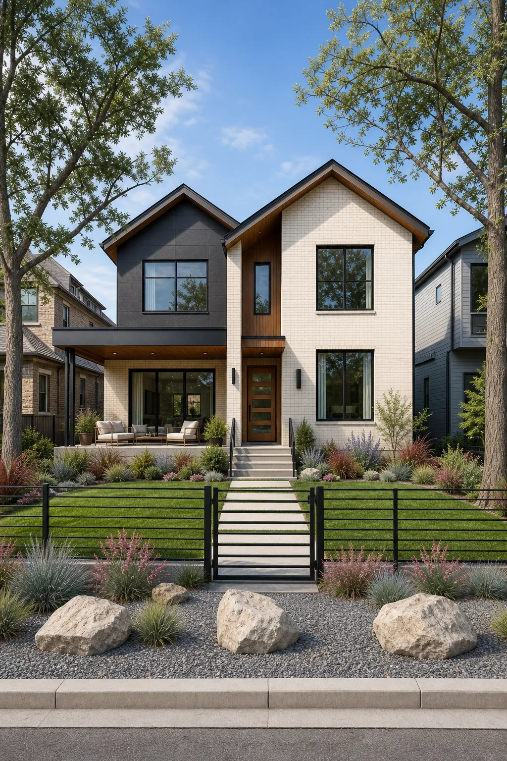 Contemporary two-story house framed by a structured front fence