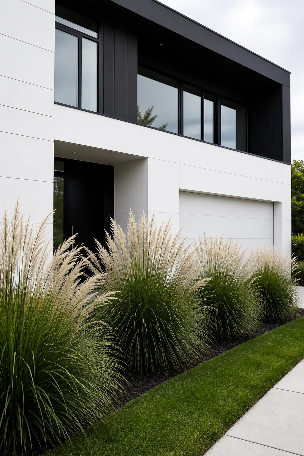 Front garden featuring tall pampas grass with feathery plumes
