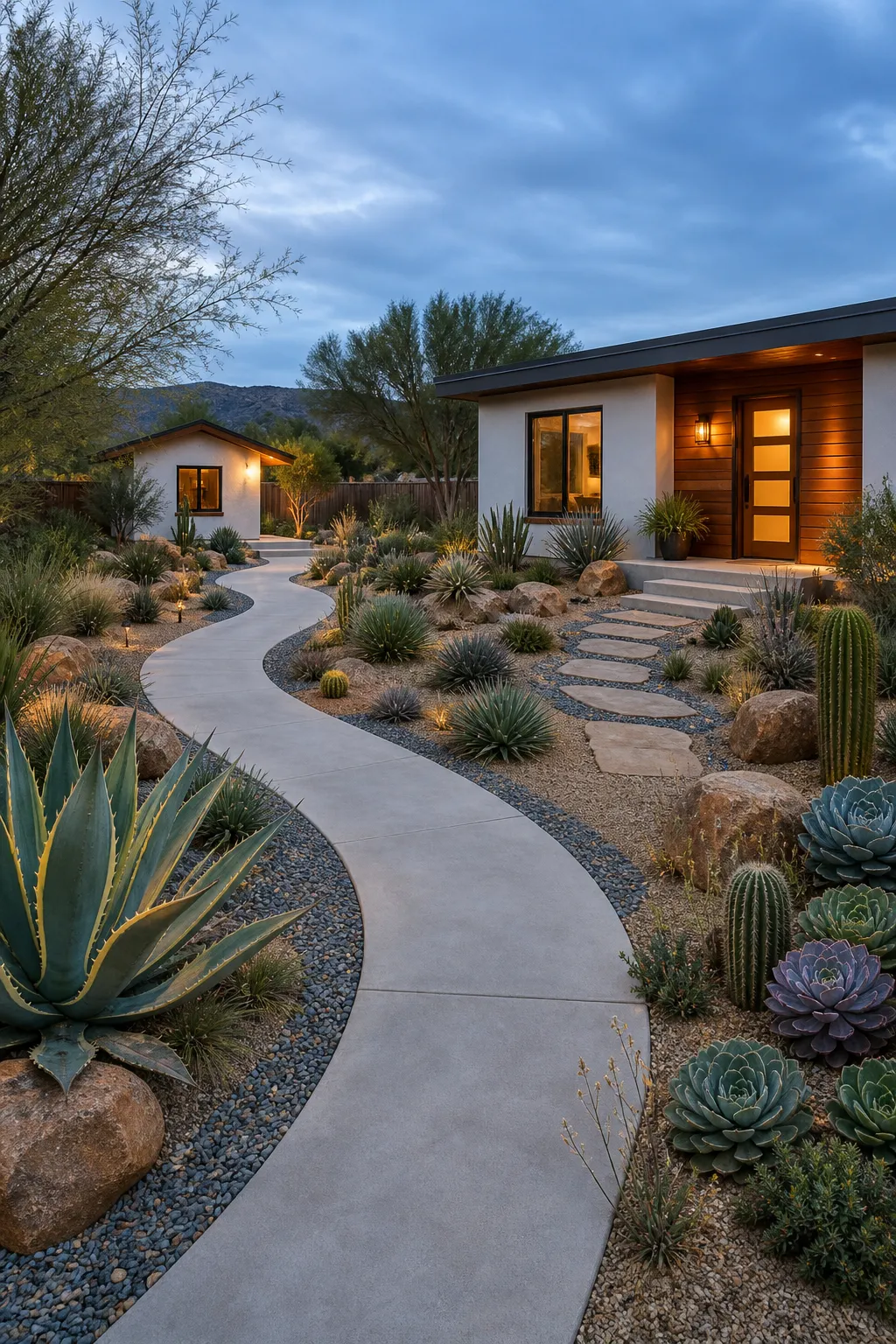 Curved front walkway winding through a desert xeriscape garden