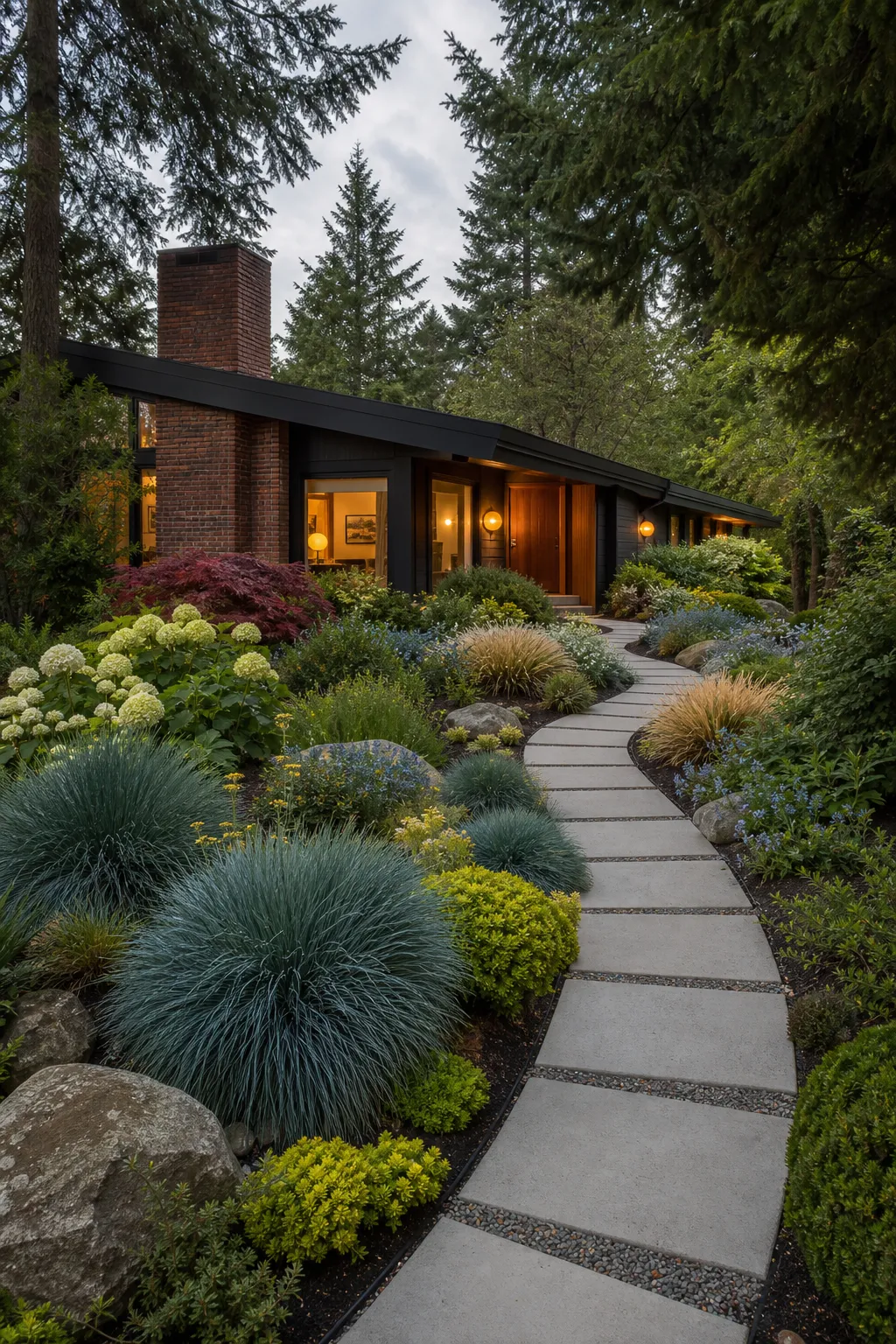 Midcentury home entrance with a lush linear garden path