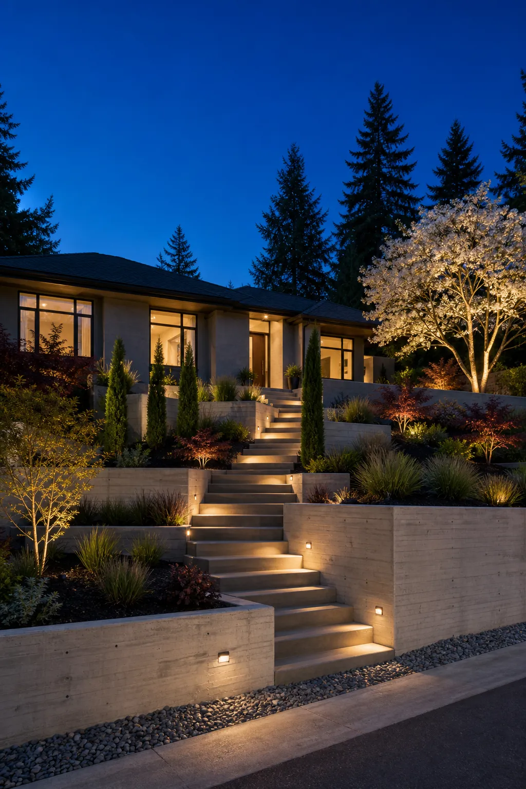 Sloped front yard redesigned with illuminated landscaped terraces