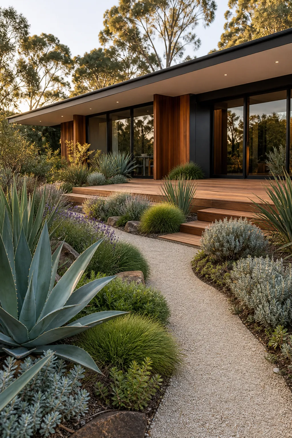 Warm timber entry deck surrounded by naturalistic native planting
