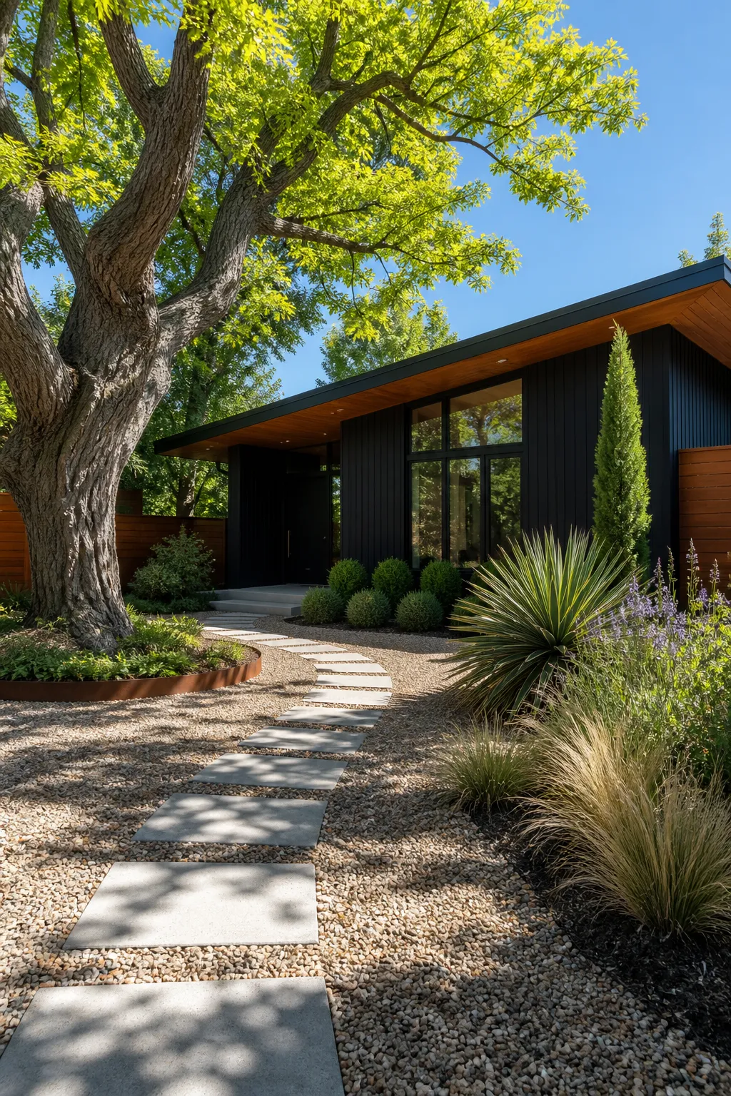Midcentury house landscaped with gravel and restrained green planting
