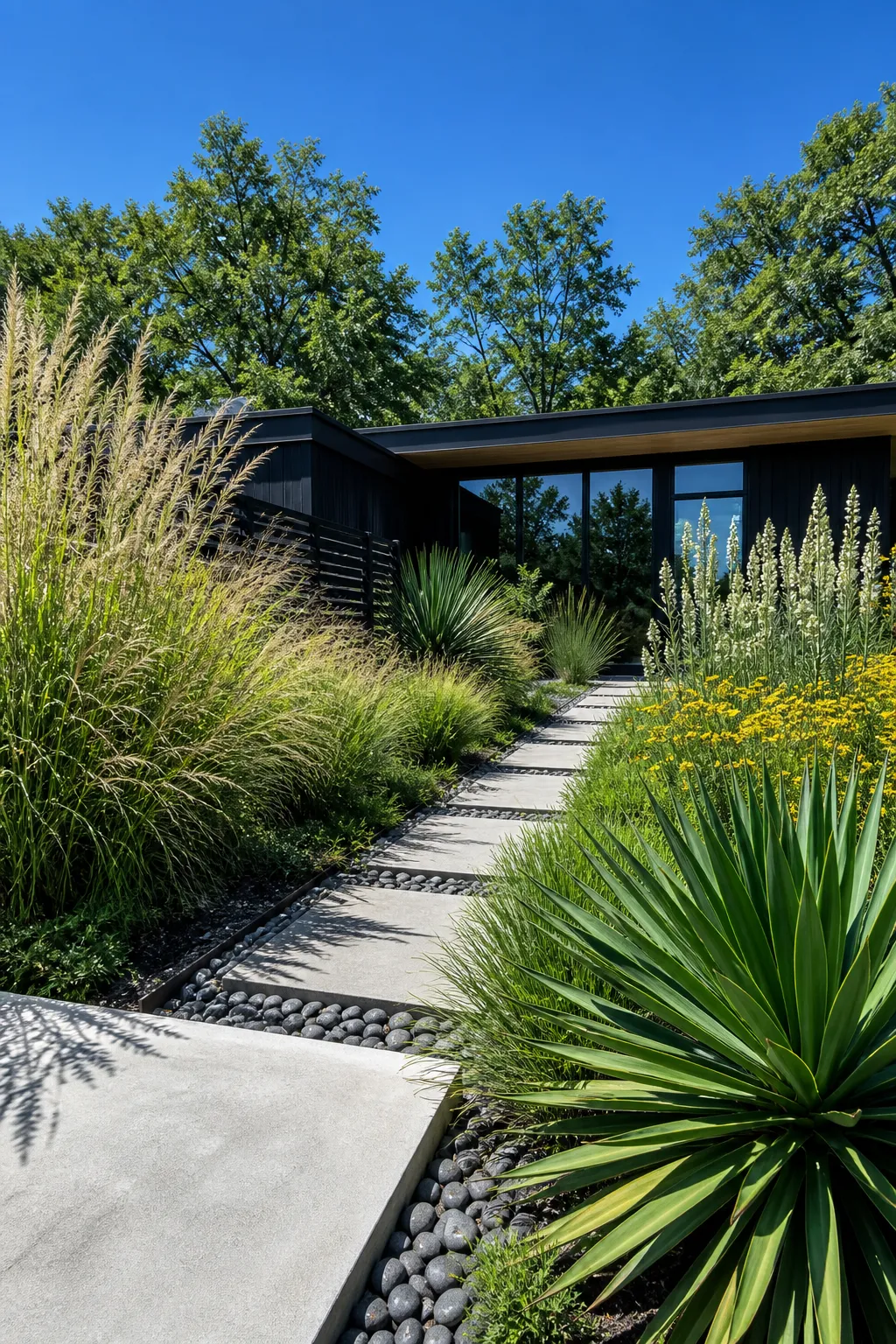 Stepping-stone path alternating with soft ornamental grasses