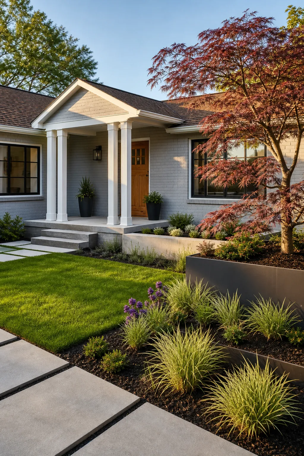 Modern ranch courtyard centered on a raised statement planter