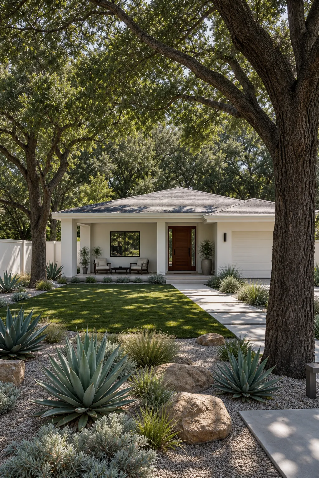 Crisp white home facade landscaped with agaves and shade-tolerant plants