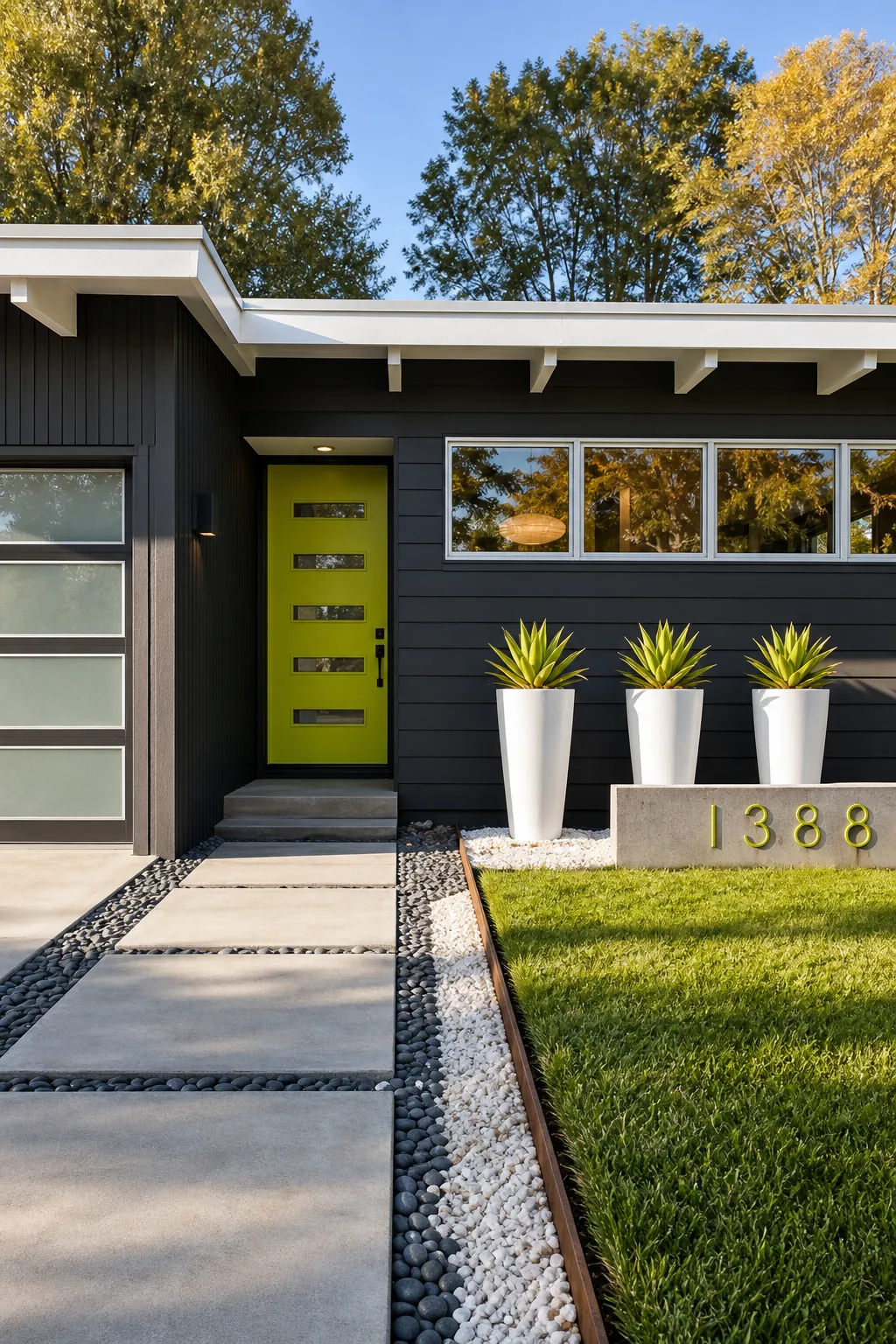 Charcoal-colored home exterior with a vivid lime-green front door