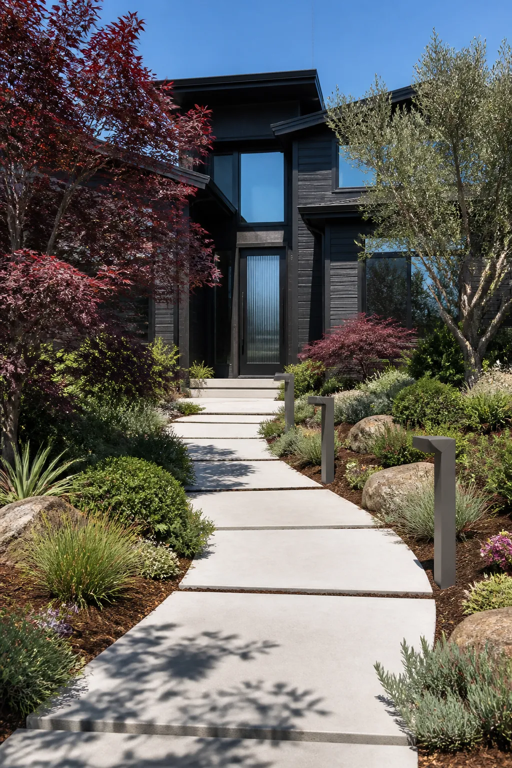 Large rectangular concrete stepping stones crossing a lush front garden toward the entry