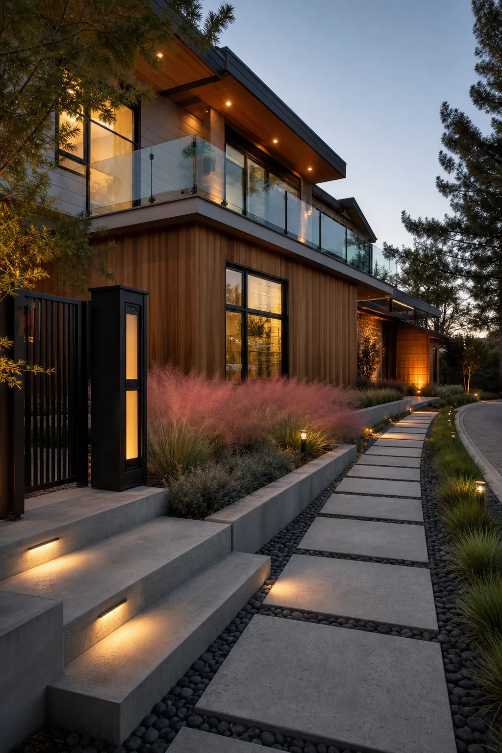 Gravel front walkway bordered by airy ornamental grasses and drought-tolerant plants