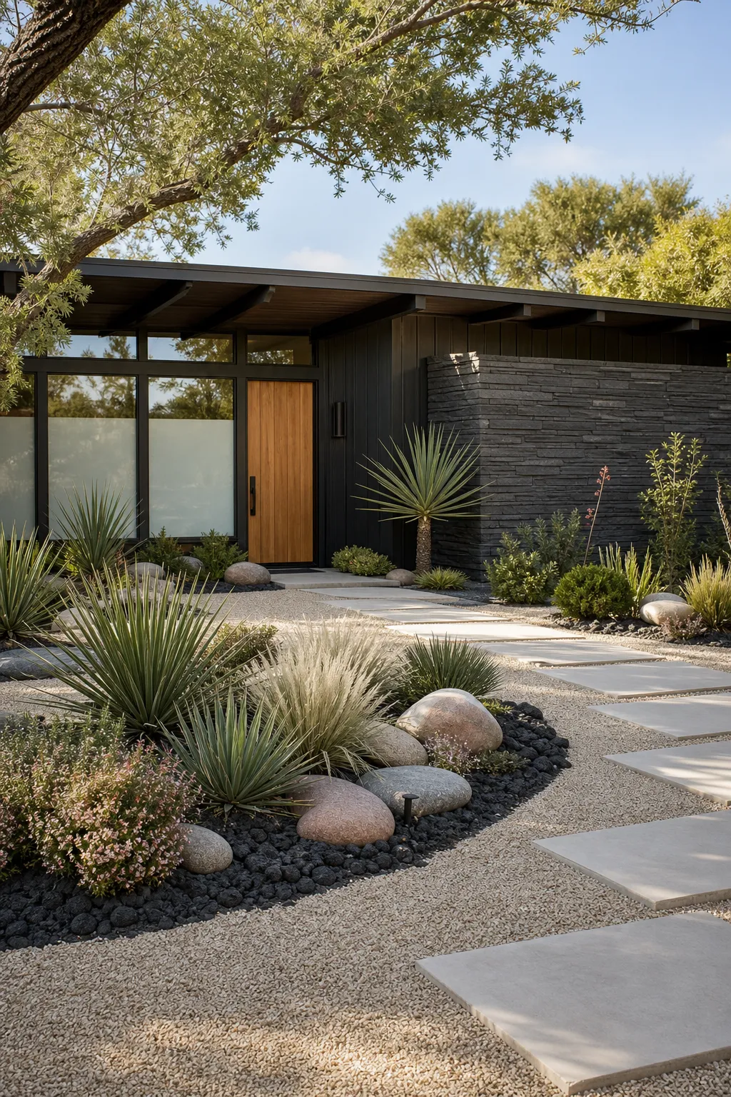 Midcentury front yard xeriscape with sculptural plants, gravel, and open geometric spaces