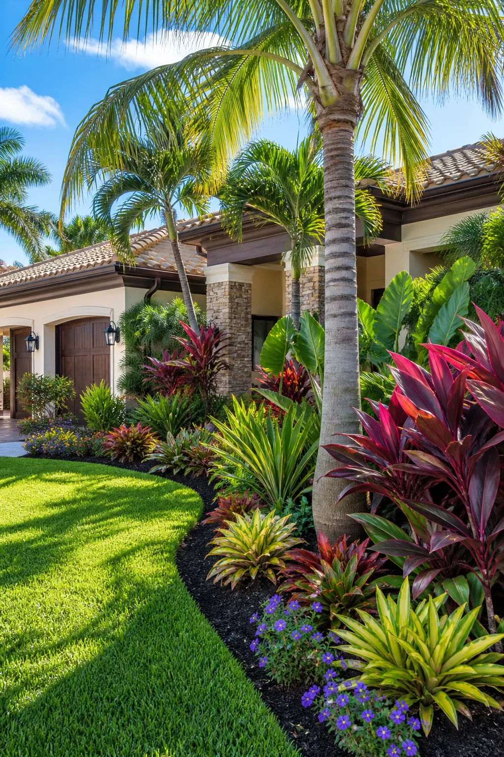 Vibrant tropical front yard filled with saturated green foliage and colorful leaves