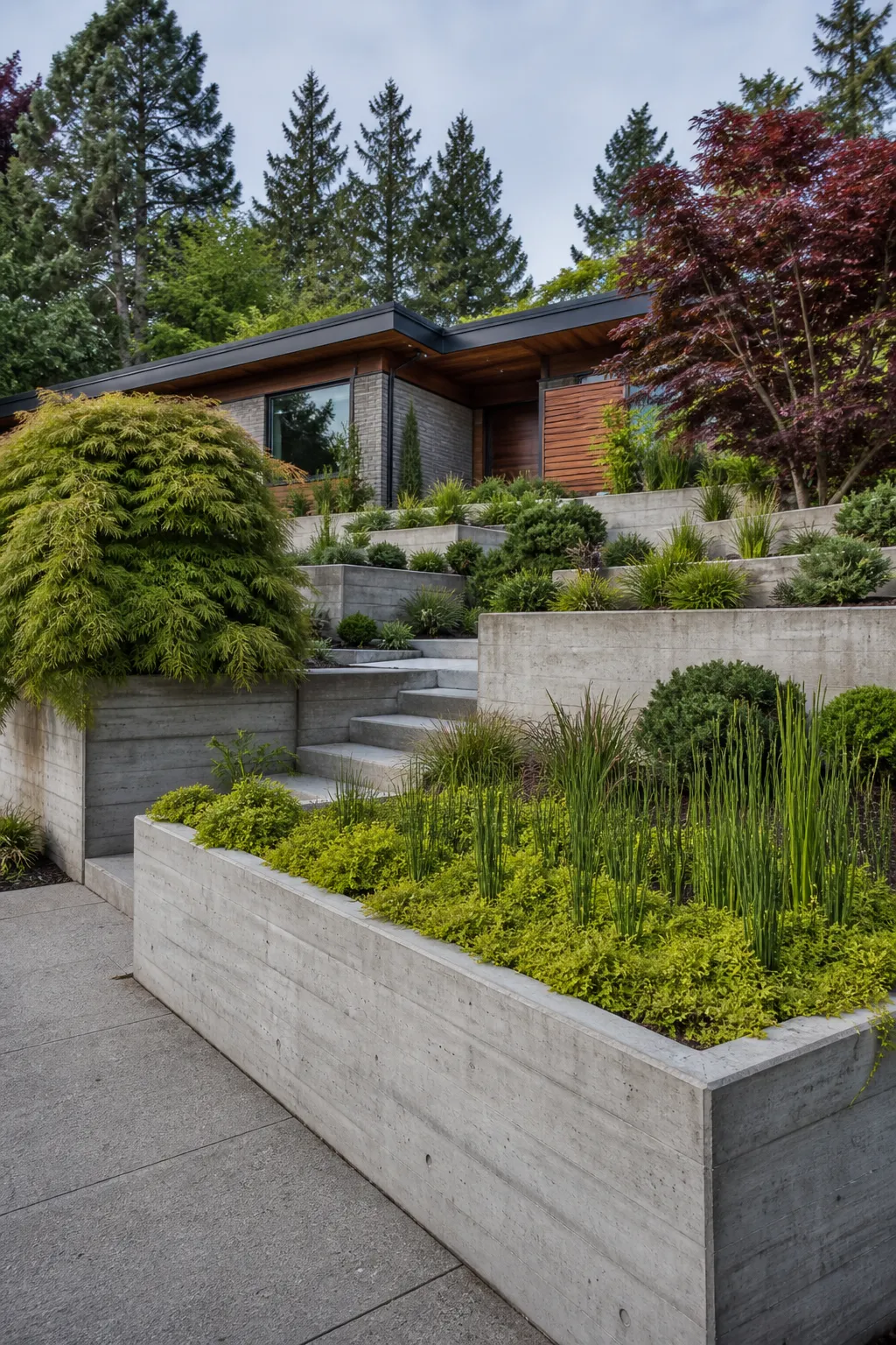 Sloped front yard organized with stepped concrete planter terraces and layered greenery