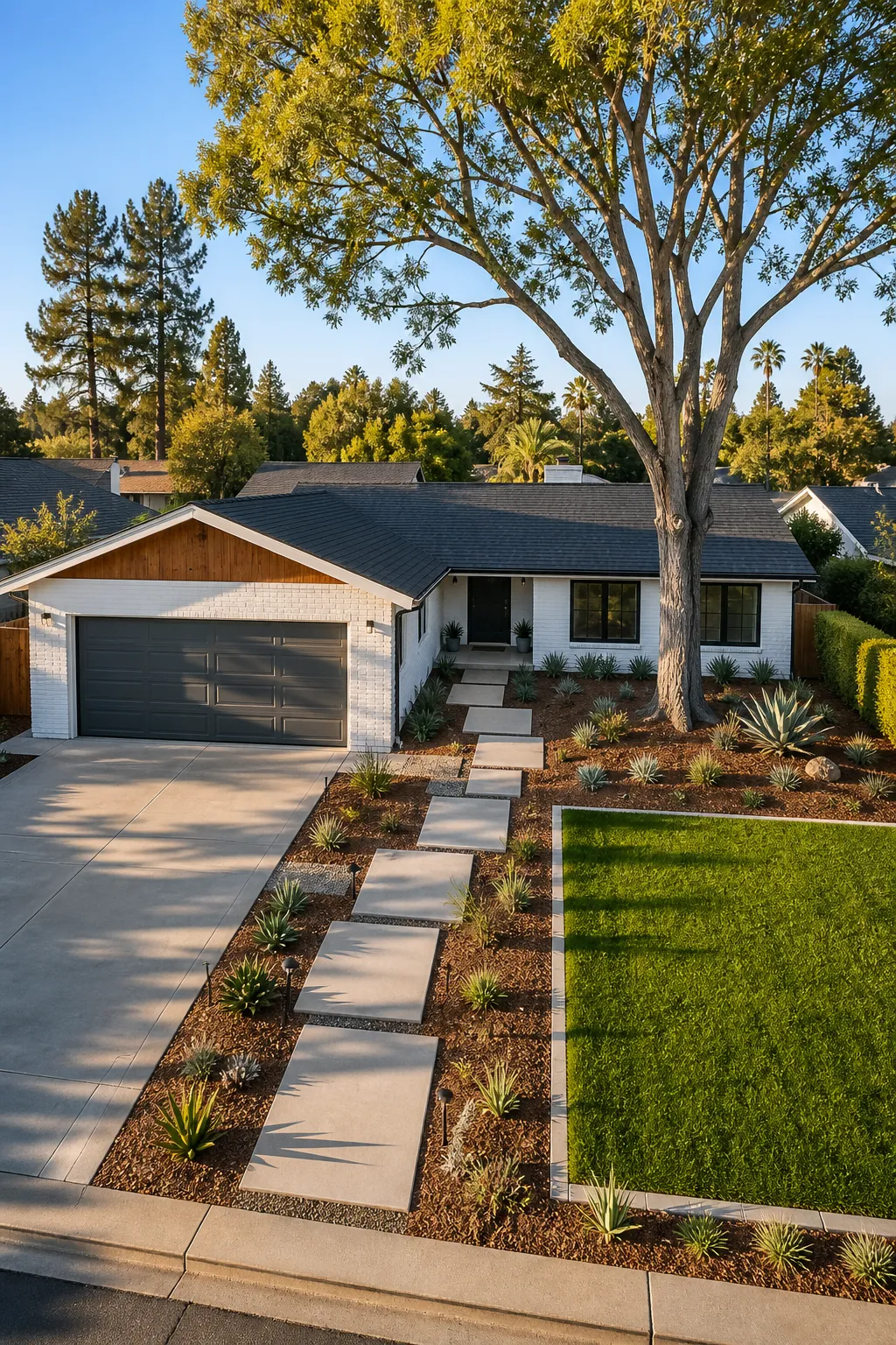 Low-maintenance front landscape with durable paving and repeated groups of resilient plants