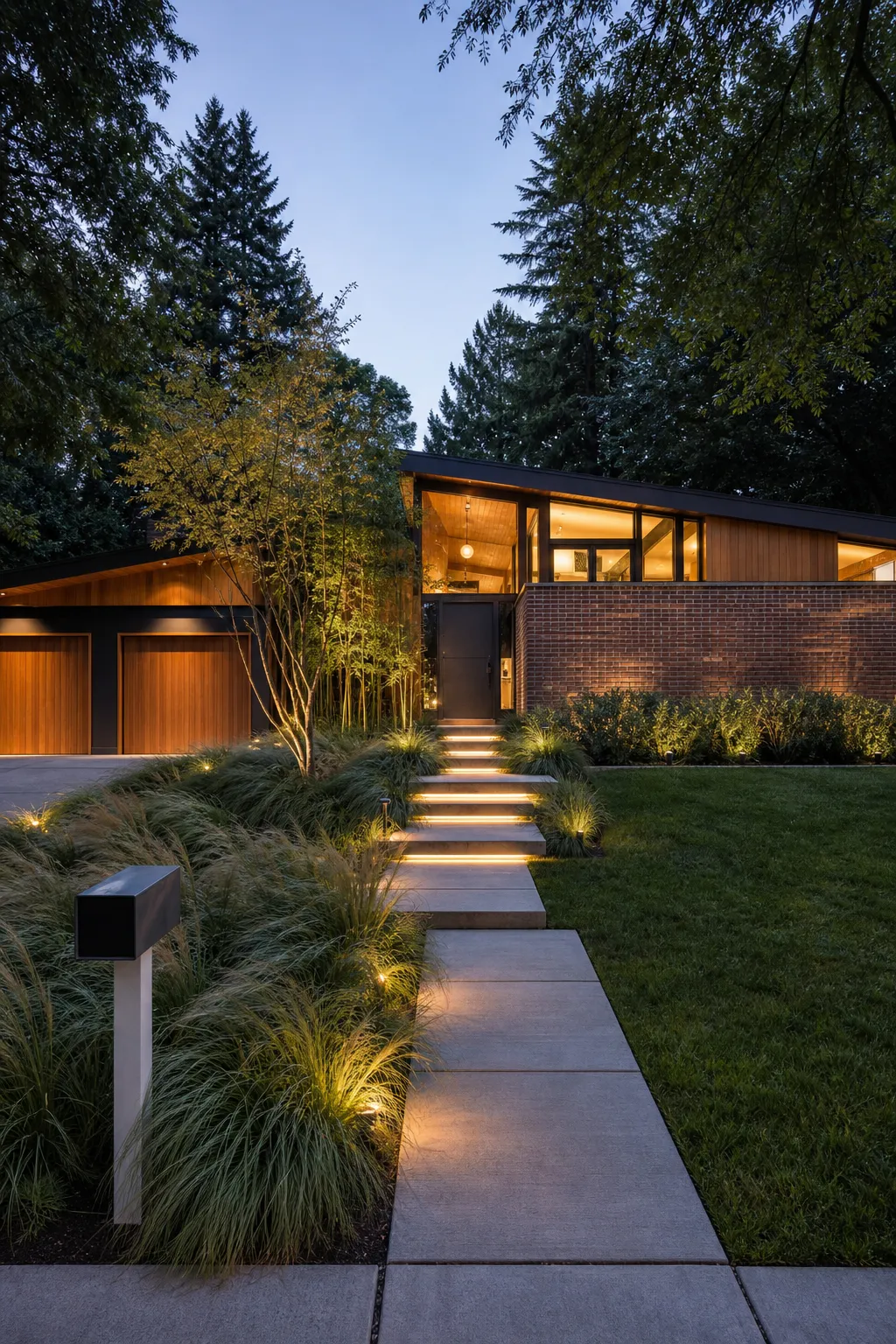 Layered midcentury front entry with linear paving, architectural plants, wood, and concrete