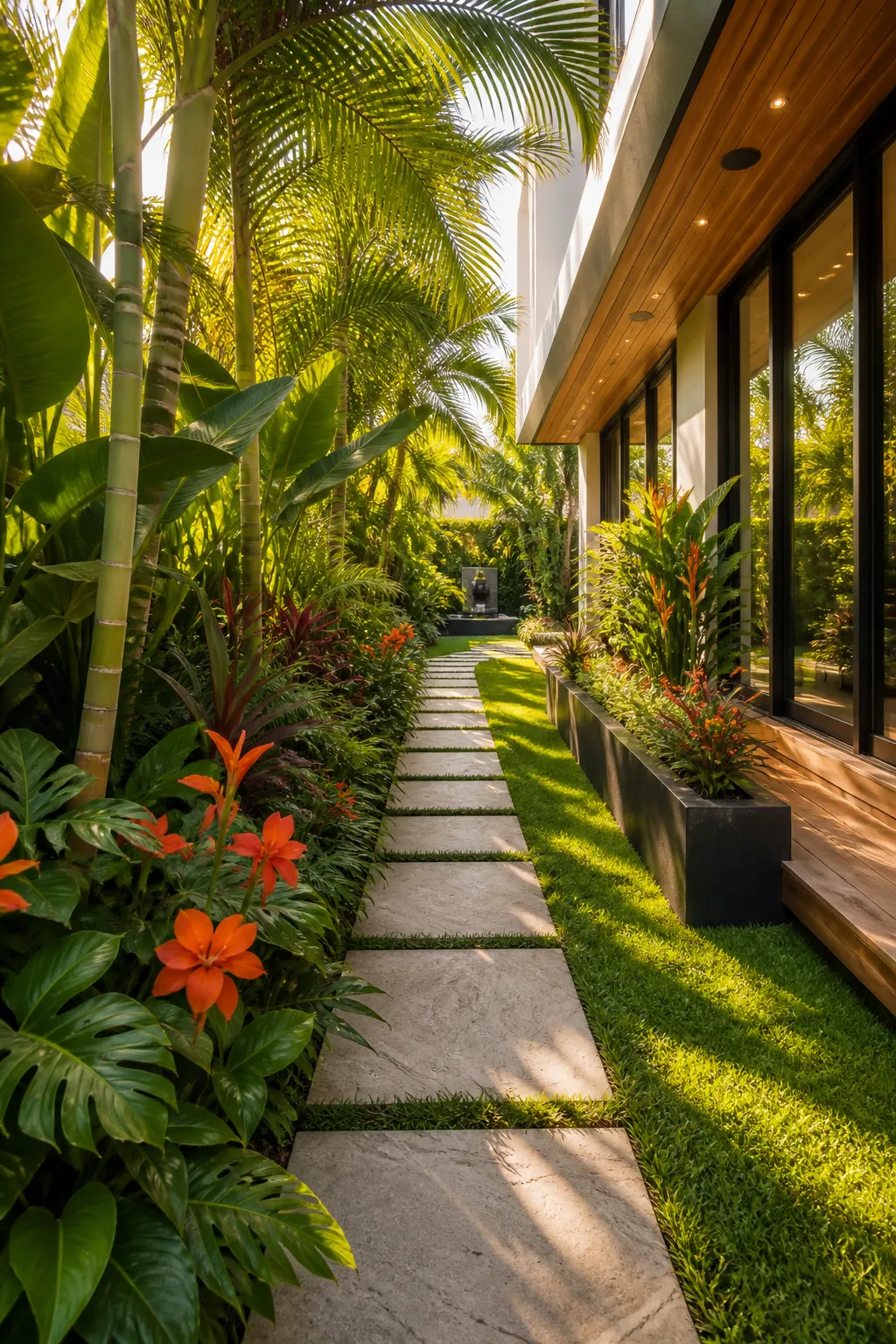 Narrow tropical walkway enclosed by dense layers of large architectural leaves