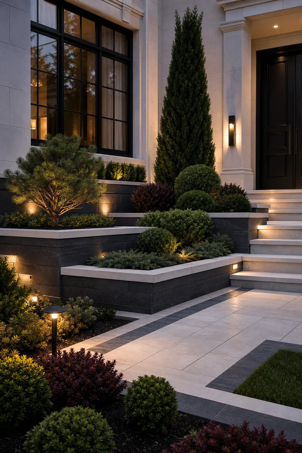 Formal symmetrical front garden illuminated by elegant path and accent lighting