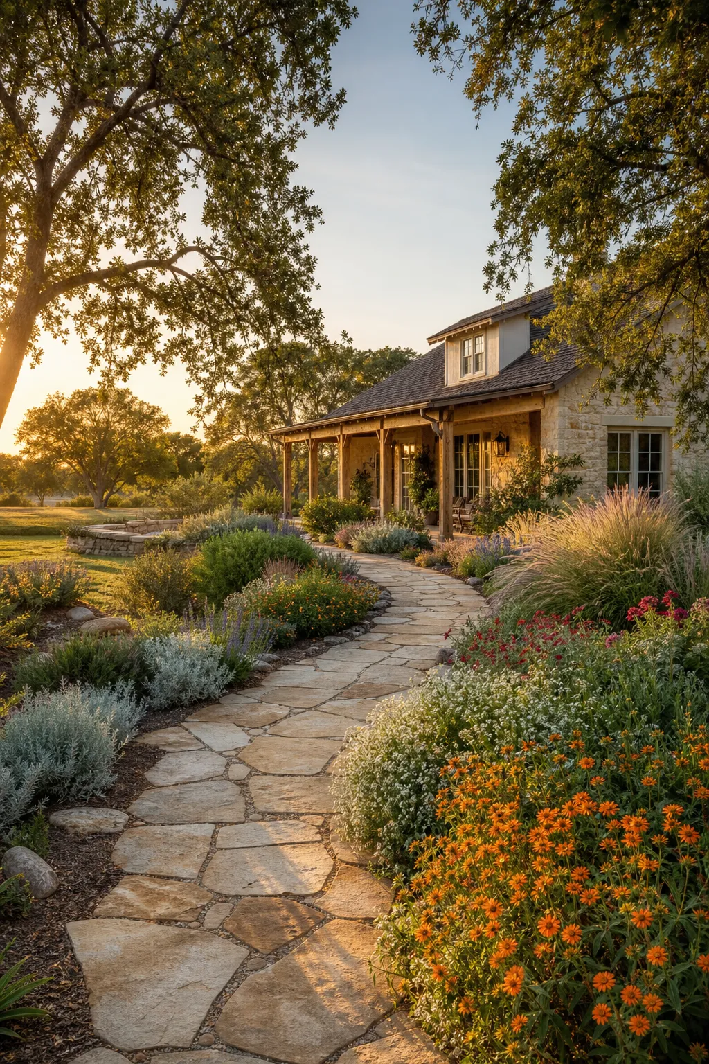 Relaxed garden path edged with native flowers spilling softly into the walkway