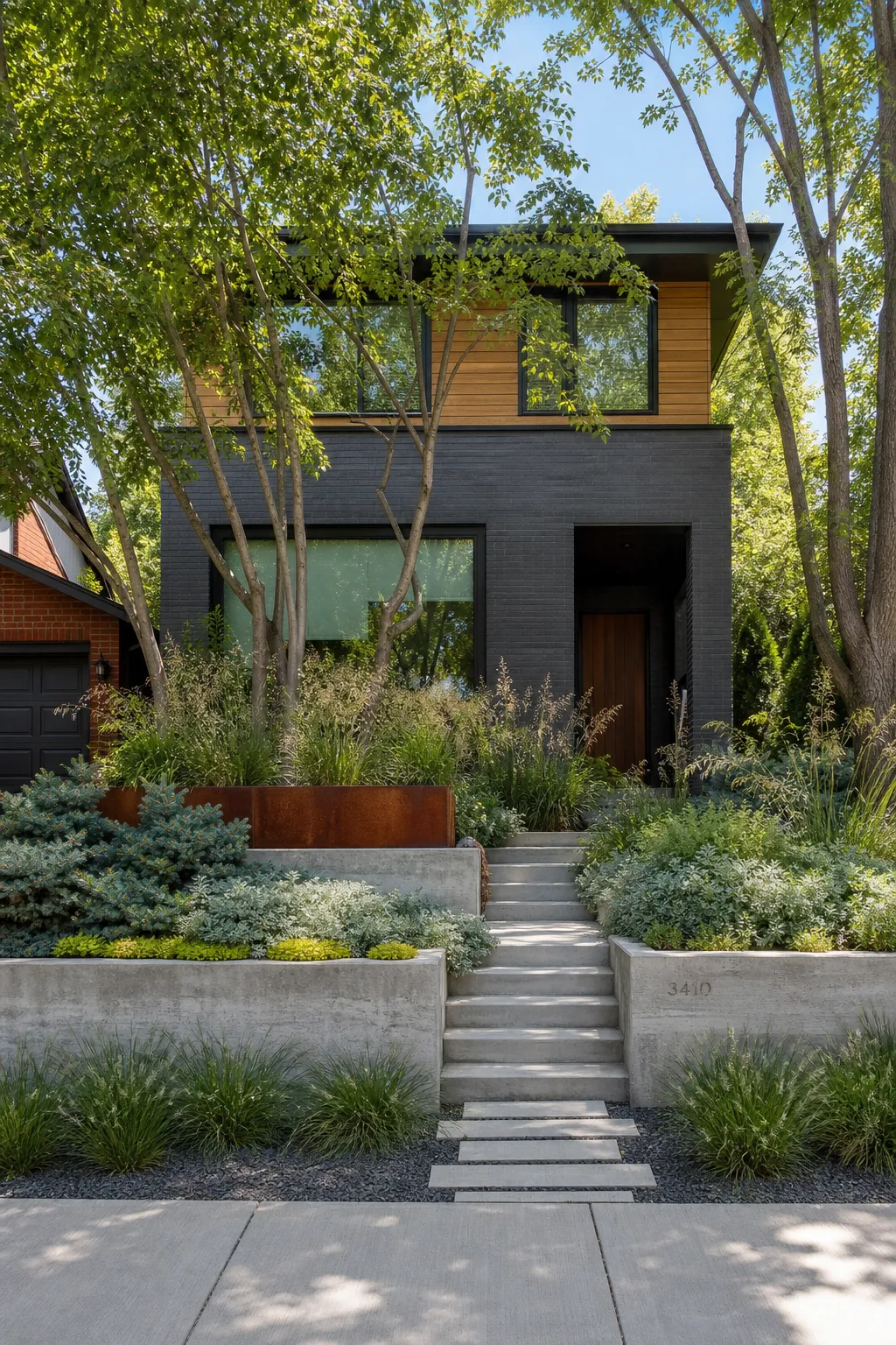 Stacked concrete planters creating tiered greenery and structured curb appeal
