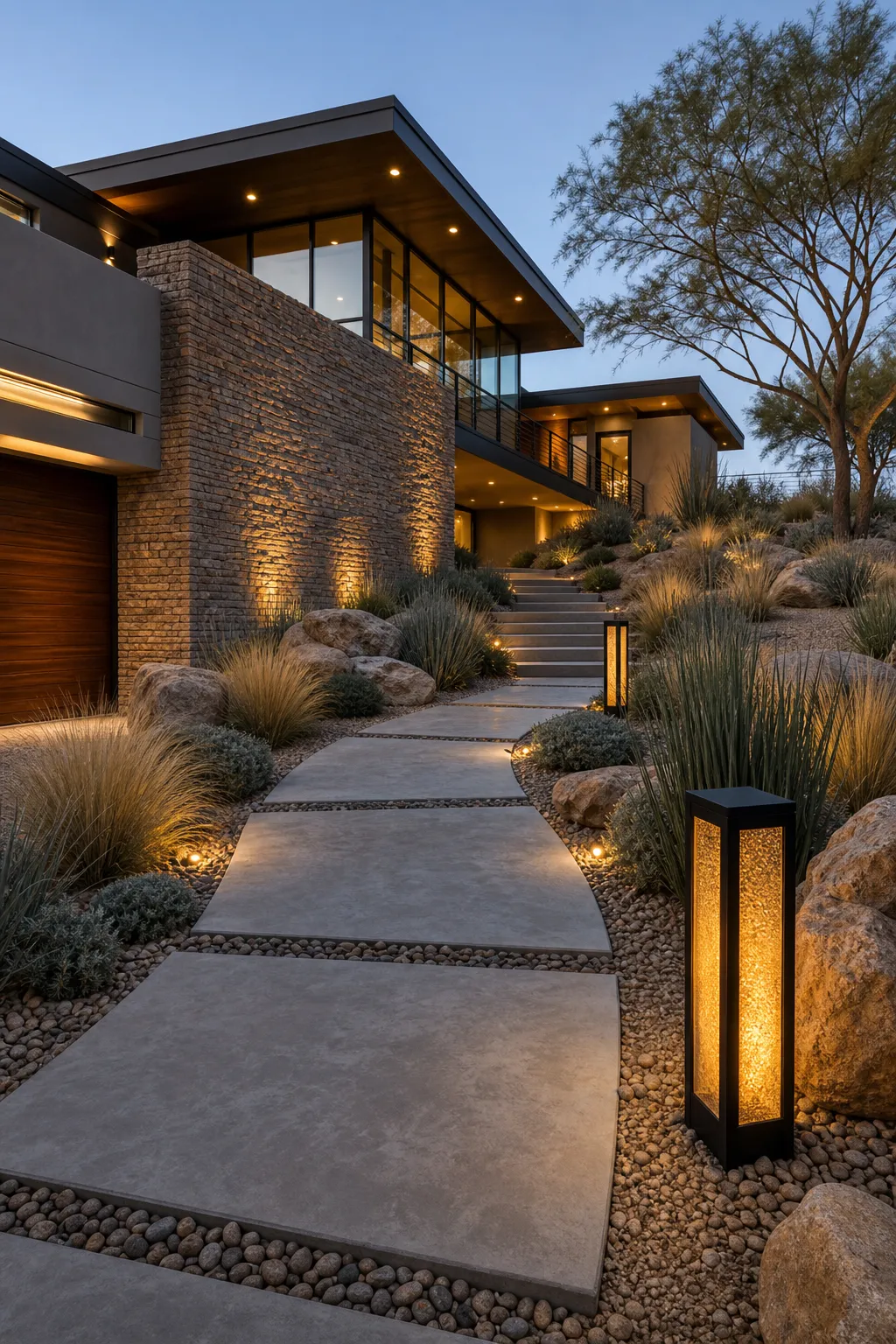 Oversized stepping stones leading through a desert garden of agaves and ornamental grasses