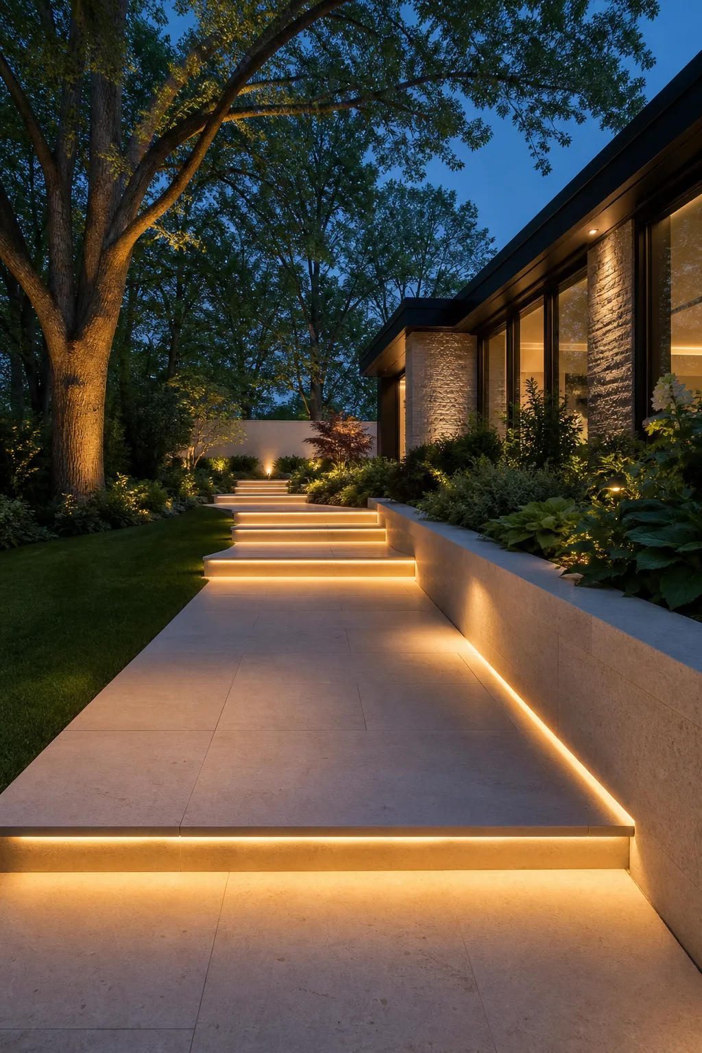 Front entry steps with recessed lights illuminating each tread after dark