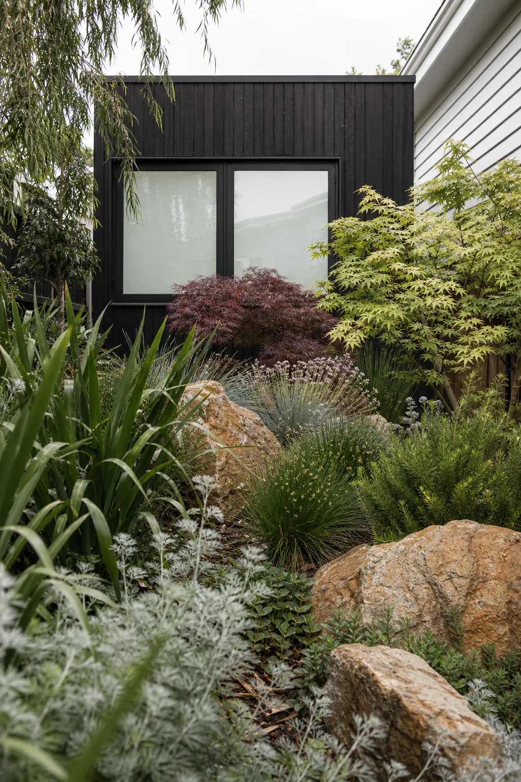 Black-clad home extension contrasted by soft layered native grasses and flowering plants